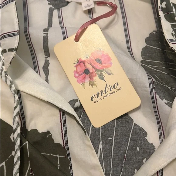 Entro Olive Green Floral Striped Piping Puff Sleeve Babydoll Mini Dress SZ L NWT - Picture 4 of 12